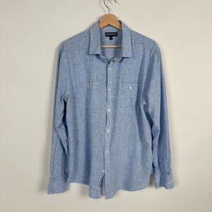 Express Men's XL Blue Linen Cotton Button Up Shirt Long Sleeve Casual Beachy